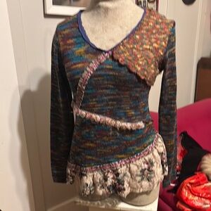 Blue and Brown V-Neck Sweater with Unique Patchwork Design